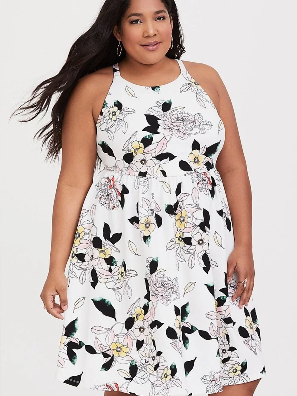 Torrid White Floral Halter Midi Dress with Black Leaf Accents - Picture 1 of 6